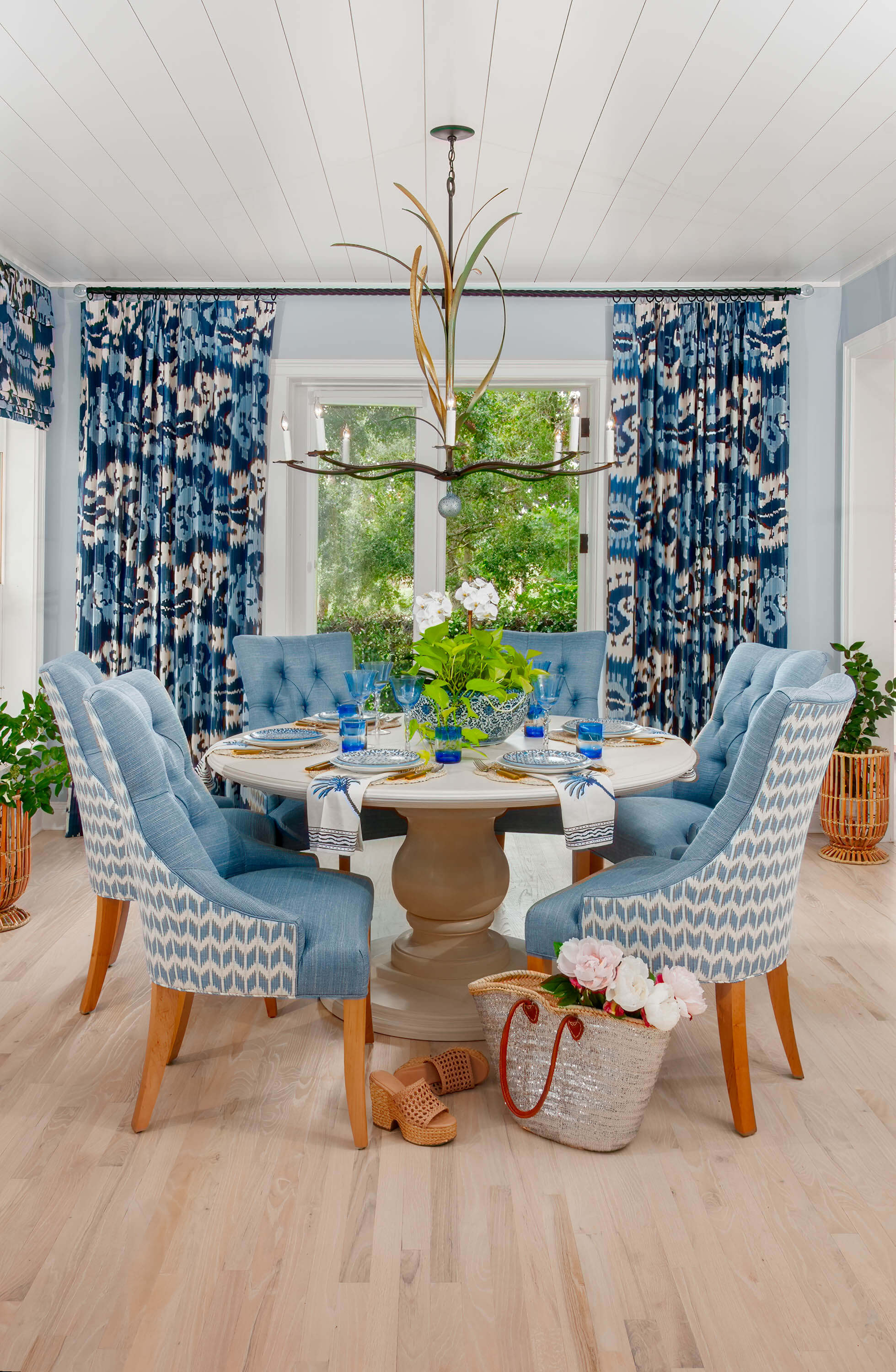 Dining room with blue curtains